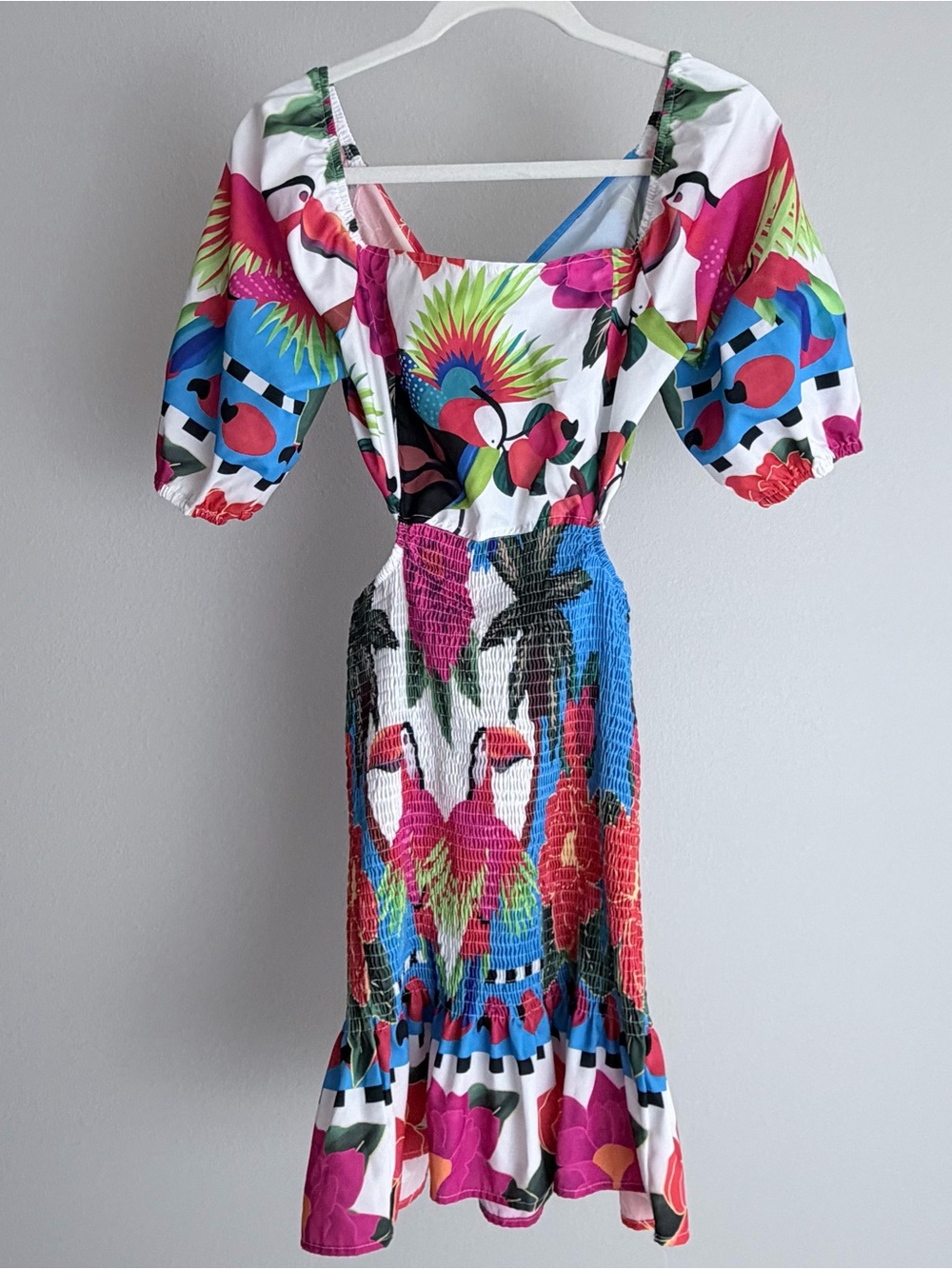 Tropical Print Puff-Sleeve Midi Dress - White Multi